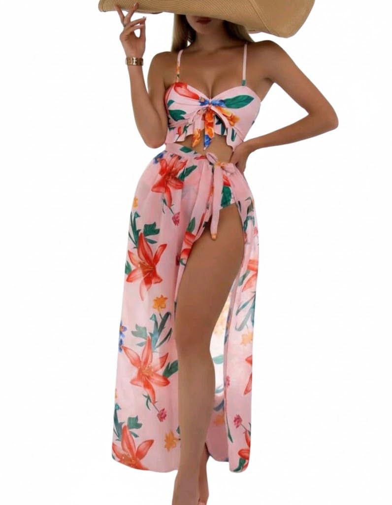 SHEIN-Swim Women's Summer Beach Floral Printed Front Knot Sexy Two-Piece Bikini Set With Cover-Up Skirt, 3pcs
