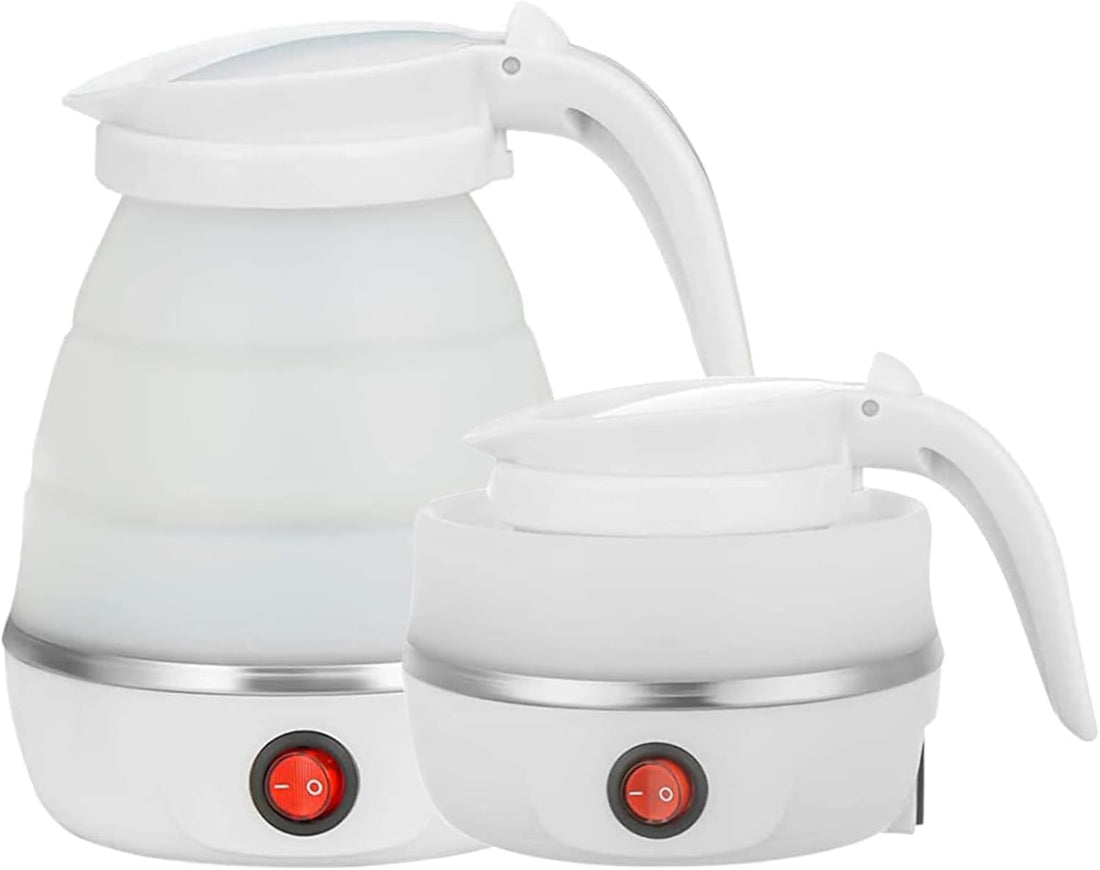 Foldable Electric Travel Kettle - Portable and Convenient Silicone Collapsible Water Boiler and Tea Pot for Camping - Easy Storage with Detachable Power Cord （White）