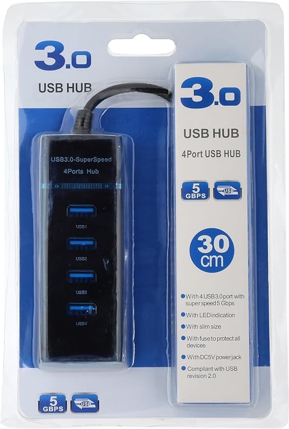 Ultra Slim 4 Port USB 3.0 Data Hub with 30cm Extended Cable, Black