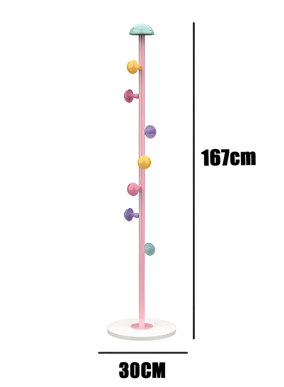 Metal Coat Stand - Durable 30cm wide standing coat hanger featuring unique mushroom-shaped hooks and resin base, ideal for home or office entrance storage