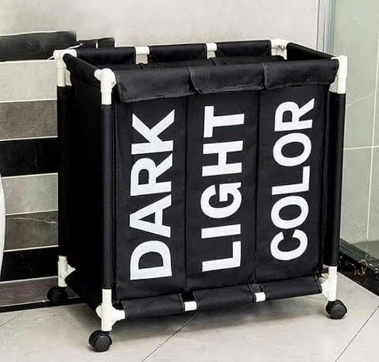 Foldable Laundry Basket with Wheels, 3 Sections (Dark Light, Colorful), Waterproof, Plastic Bracket, Black Grey