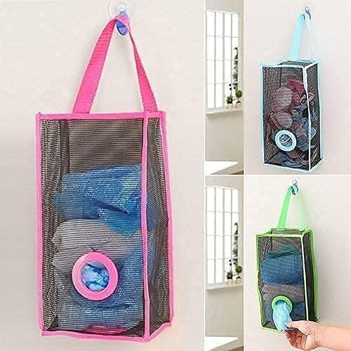 Plastic Bag Holder, Foldable Hanging Mesh Trash Organizer for Kitchen and Travel, Clear Grocery Storage