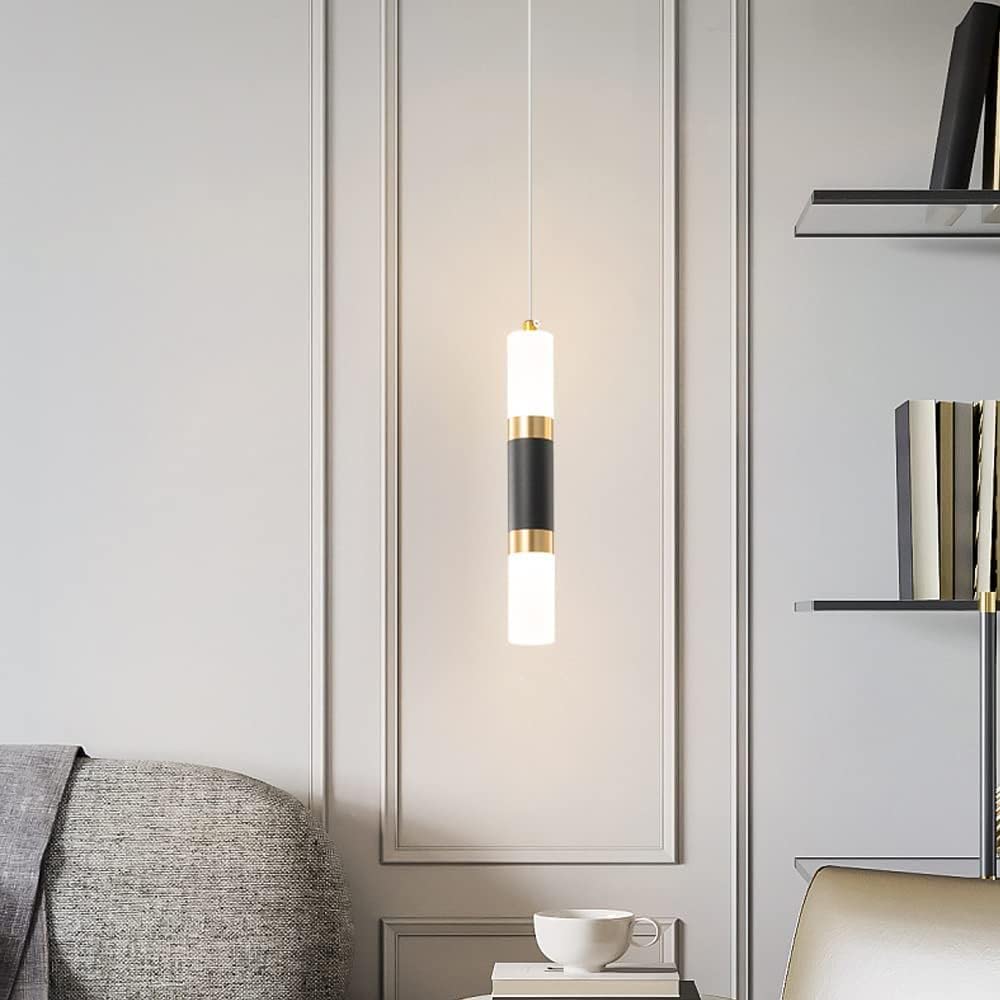 Modern LED Pendant Light, Black and Gold Cylinder, Adjustable Height, Warm White