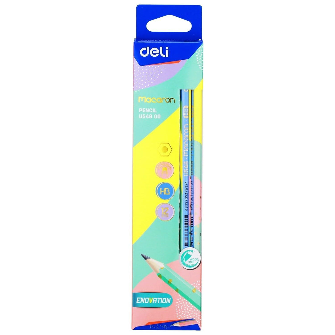 Deli EU54800 Hexagonal Barrel Macaron Pattern Graphite HB Pencil with Eraser 12-Pieces, Assorted