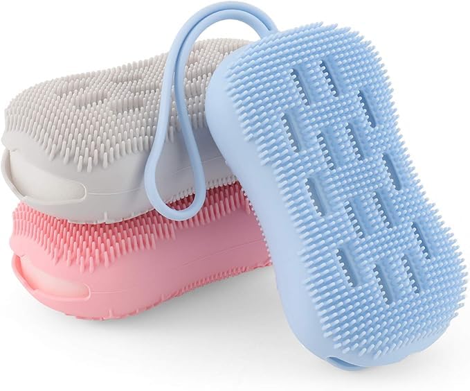 3 PCS Silicone Bath Body Brush, Double-Sided Body Scrub Brush for Deep Cleasing Exfoliating, Super Soft Silicone Loofah with Rebound Sponge, Suitable for Women Men Kids Shower, Skin Body Massage