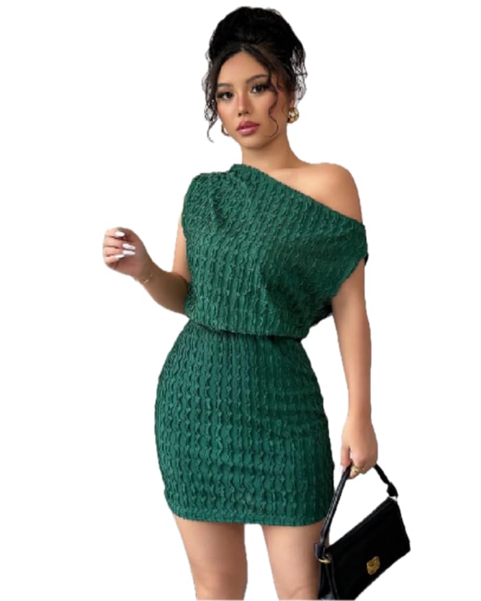 Elegant Knitted Bodycon Mini Dress, Off-Shoulder, Dark Green, Slim Fit