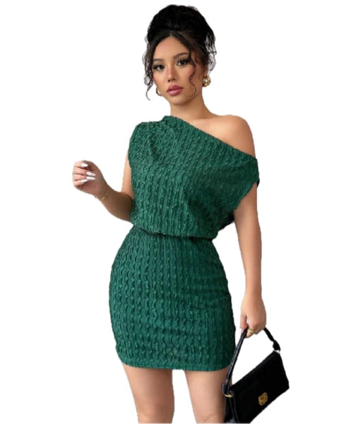 Elegant Knitted Bodycon Mini Dress, Off-Shoulder, Dark Green, Slim Fit