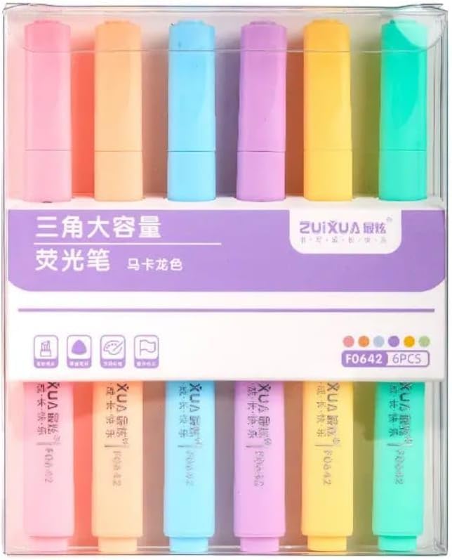 Soft Pastel Highlighter Set – 6 Bright Colors Ergonomic Triangular Design – Highlighter Pens for Books, Diaries, Study, Notes – Perfect for Students, Teachers, Office (Phosphoric)
