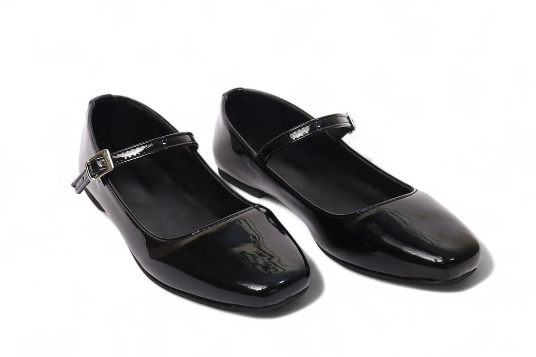 OG Women's Black Patent Leather Mary Jane Flats – Square Toe Ballerina Shoes with Adjustable Strap – Comfortable Daily