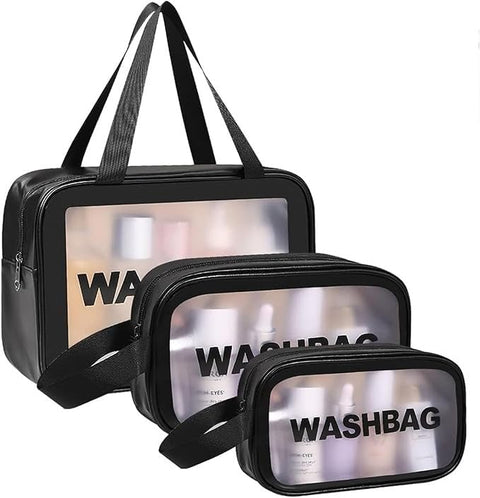 Achievers 3 Pieces Clear Cosmetic Bag - Travel Cosmetic Bag for Women and Girls - Travel Makeup Bag - PVC Small Toiletry Bags - Waterproof Cosmetic Wash Bag Zipper Makeup Bag for Women (Black)