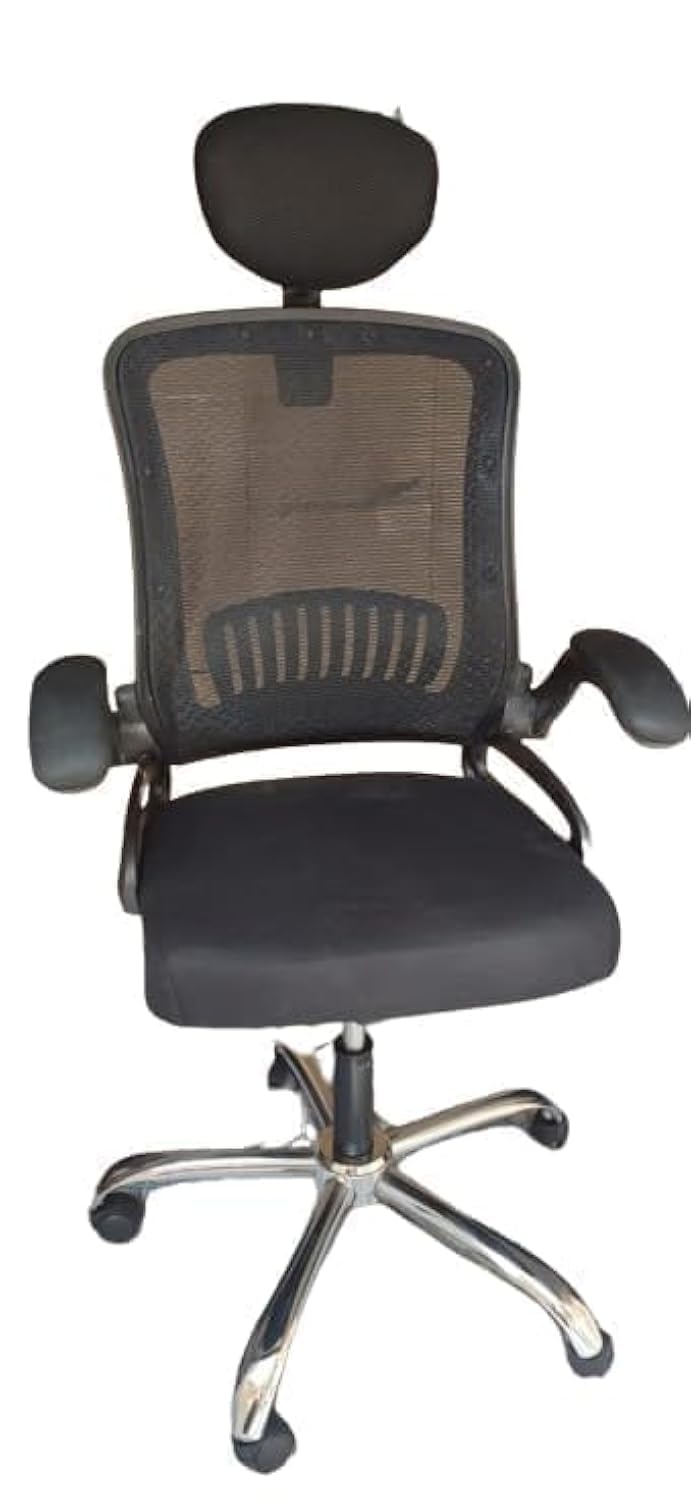 Alamal Mesh Office Chair with High Back and Foldable Armrest, Adjustable Headrest and Lumbar Support (Black)
