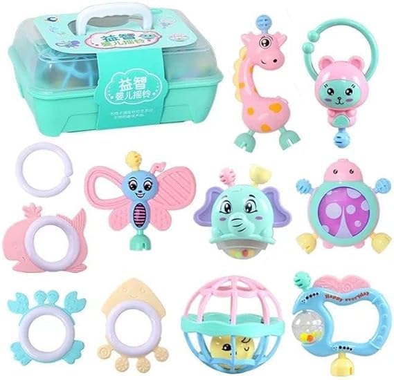 Baby Rattle and Teether Set, 10 Pieces, Pastel Pink and Mint Green Storage Box, Animal Designs