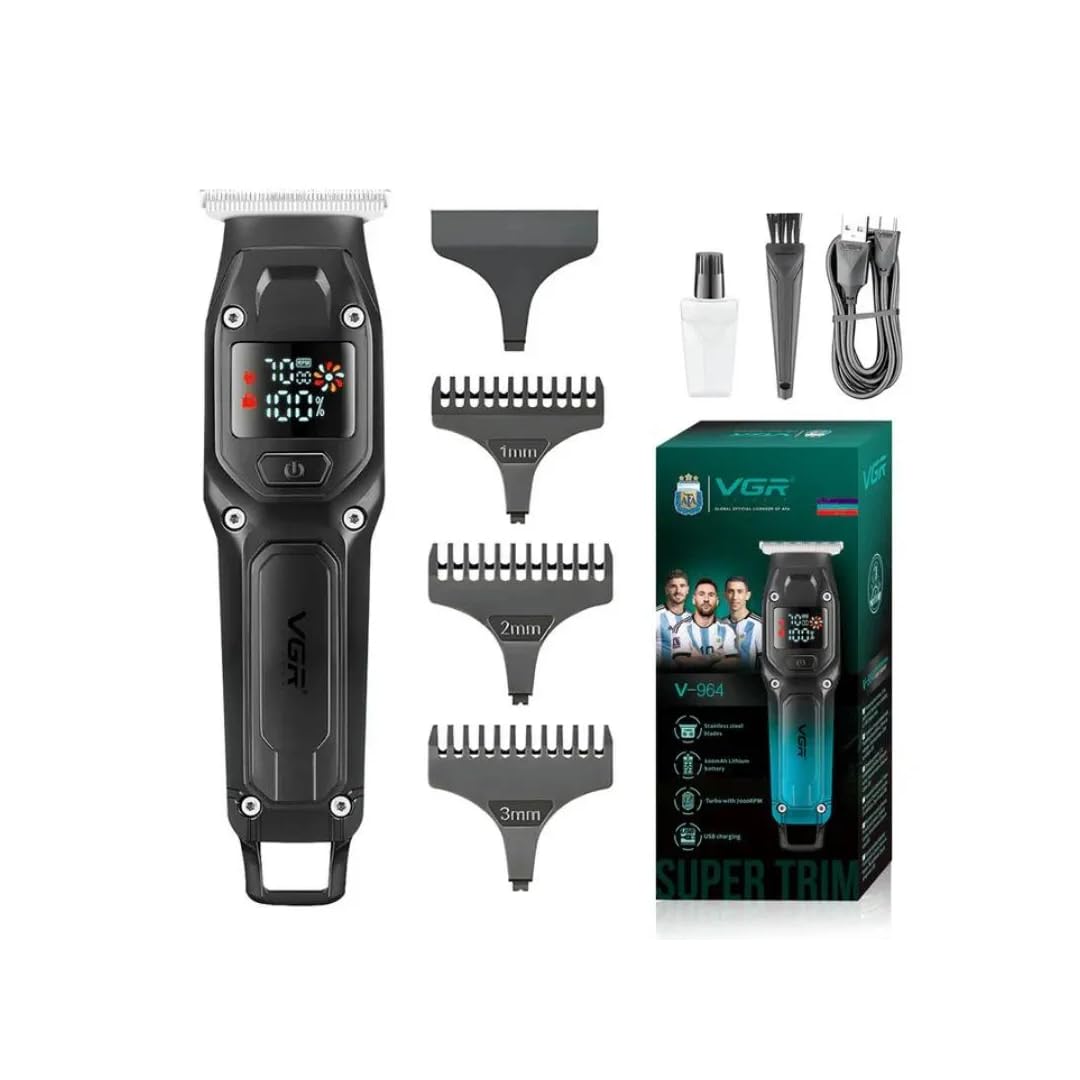 VGR V-964 Professional Hair Trimmer for Men & Boys, Turbo Mode, LED Display, 1.5 Hour Runtime, Quick Charge, Stainless Steel Blades, Cord/Cordless Use, LED Display with 3 Cutting Lengths (Black)