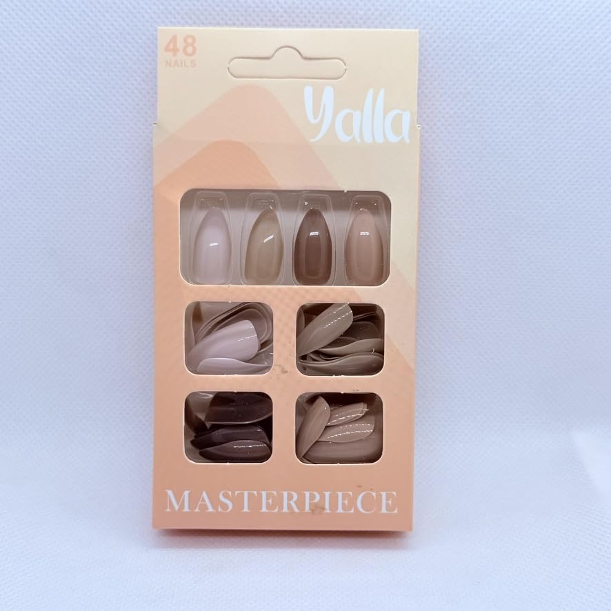 48 Pcs Glossy Press on nails - False nails - Almond Shape - 4 different colors - Fake Nails Full Cover Short Nail Oval Shape False Nails Artificial Fingernails (Purple Beige Caffe)