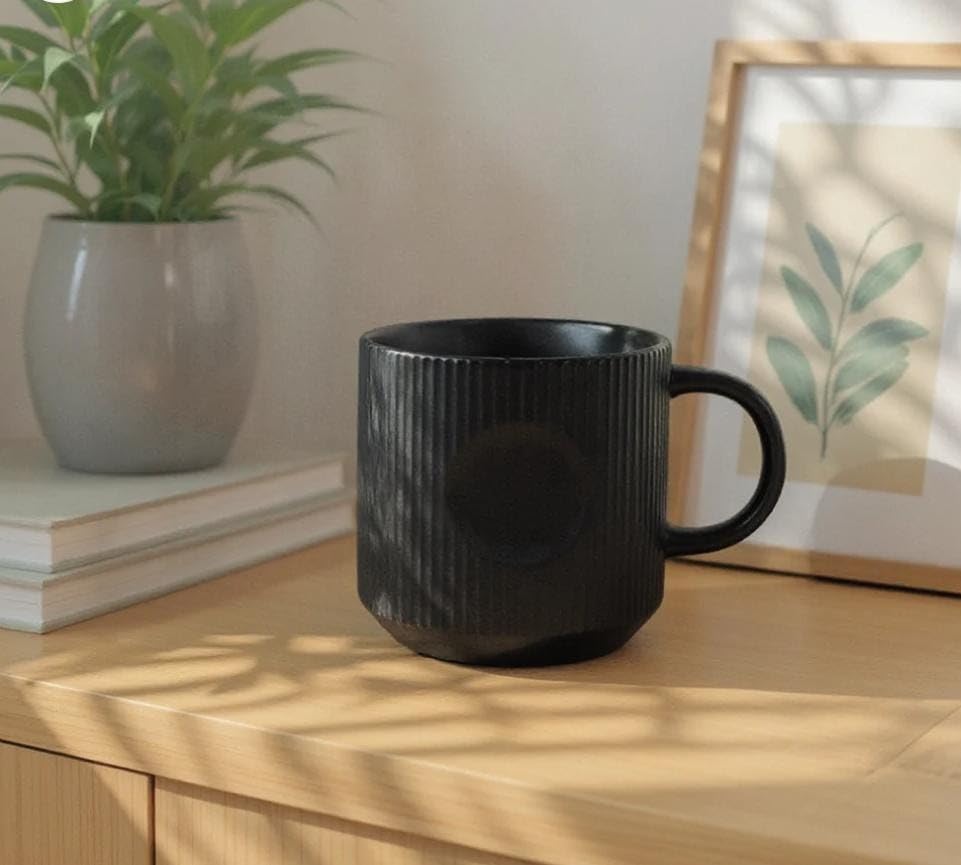 Black Ceramic Mug with Ribbed Design, Vertical Lines Texture, Coffee Cup, .rom