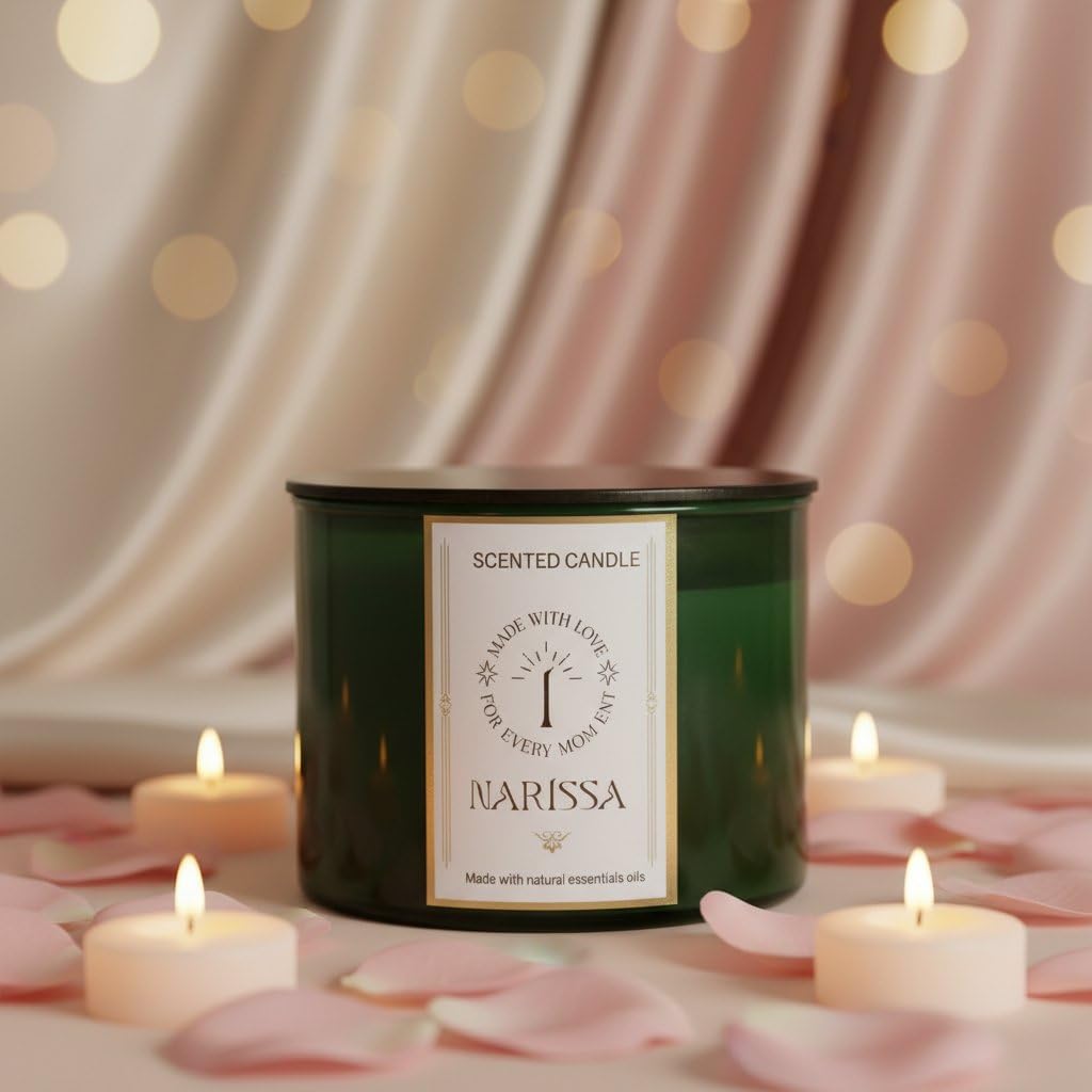 Narissa Elite Scented Candle - 500g - 3 Wick - 100% Natural Soy Wax - Premium Green Glass Design and 12% Fragrance Oil Long Lasting for Relaxation and Wellbeing (Dark Kis)