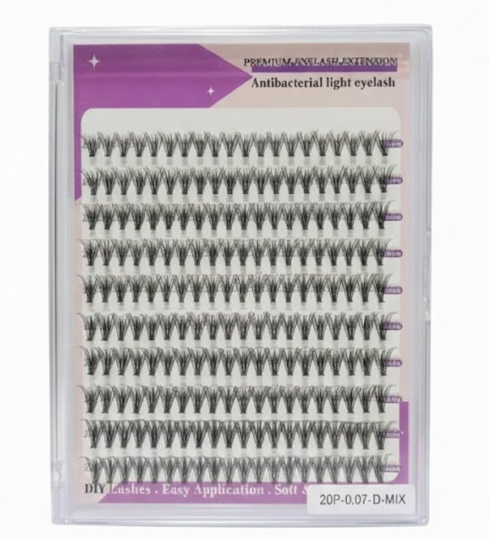 Cluster Lashes 200 Pcs Individual Lashes 20D D Curl False Eyelashes Extension Reusable Soft Lashes Extension Diy at Home (209-0.07 D-MIX)