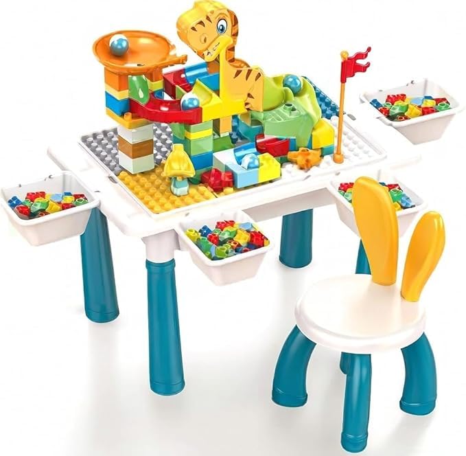 6 in 1 Kids Educational Activity Table and Blocks - Includes 104 Pieces Building Blocks with Storage Boxes
