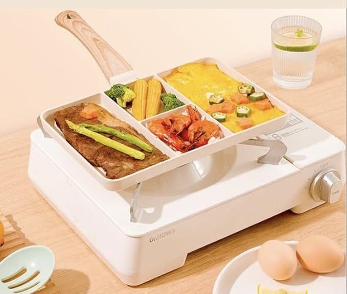 Downtown 4-in-1 Divided Frying Pan, High-Quality Non-Stick Granite Coating, Cream Breakfast Pan for Eggs and Pancakes, Multi-Compartment Skillet for Healthy Meal Portioning and Prep