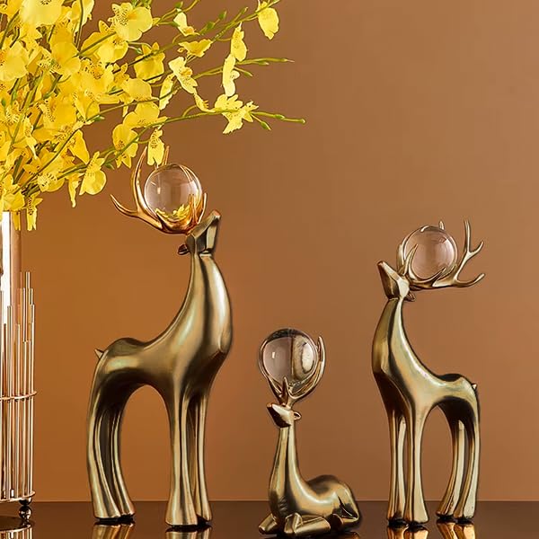 Modern Decorative Deer Sculptures with Crystal Ball, Gold Metallic Finish, Set of 3, Home Decor