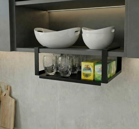 Under-Shelf Cabinet Organizer – Sleek Steel Spice Rack Storage, Pantry Shelf Solution for Kitchen Cabinets & Shelves (Black)