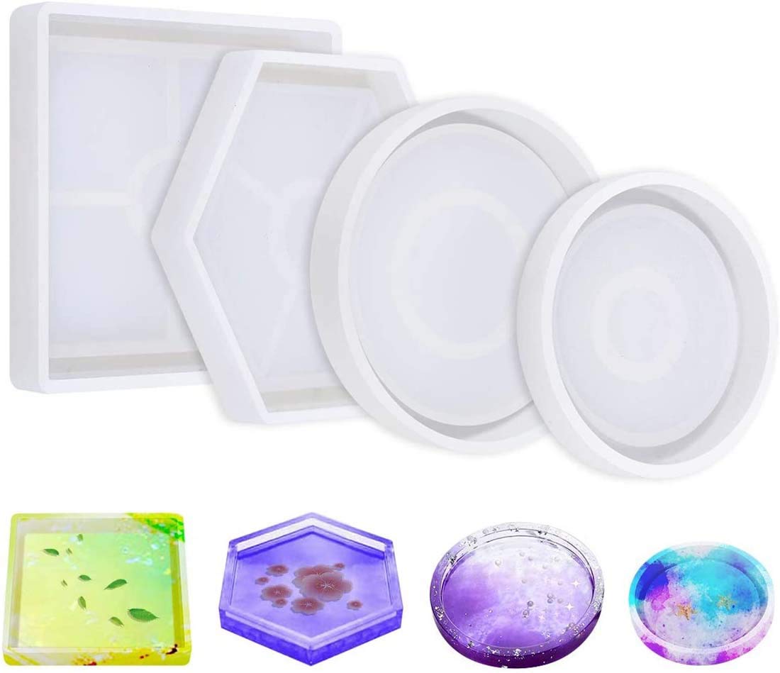 DELFINO Silicone Resin Mould, DIY Coaster Silicone Mould, Resin Moulds for Casting Eco-Friendly Sturdy Hexagon Square Round Mould Bottom Bracket for Casting with Resin, Concrete, Cement, Pack of 4