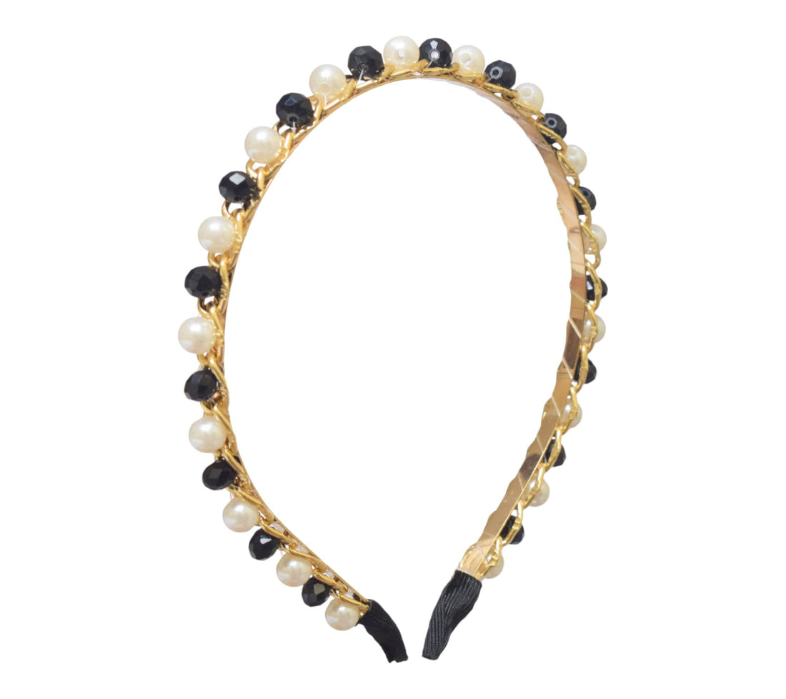 Daphne Girls' Hair Band Embroidered With Pearls - Black White