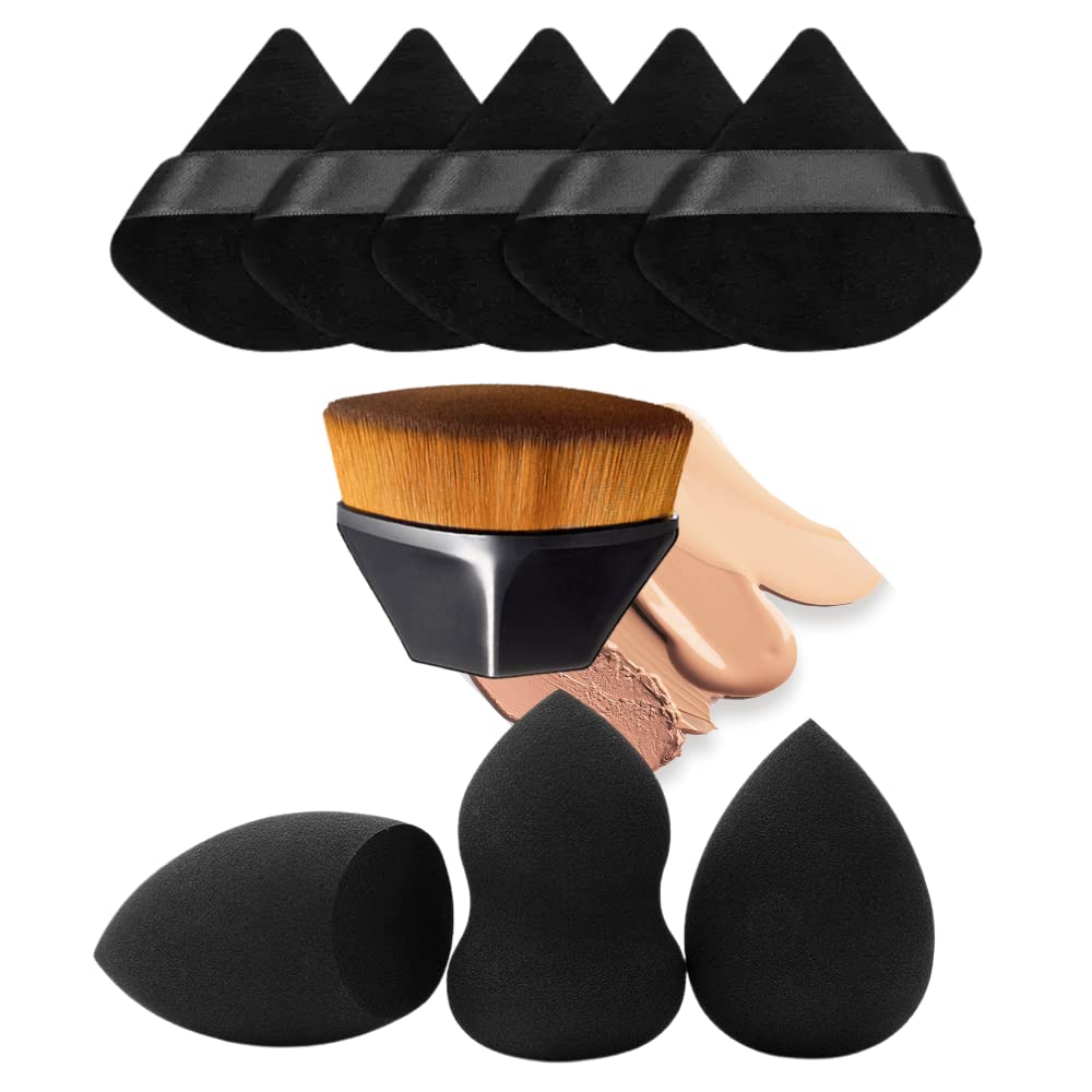 TATORERA 9 Pieces Makeup Puffs (Triangle Powder Puffs , Makeup Sponge & Kabuki Foundation Brush for Face Makeup) ,Soft Cosmetic Powder Puff,Makeup Sponge Tools for Dry Powder/Liquid Foundation (Black)
