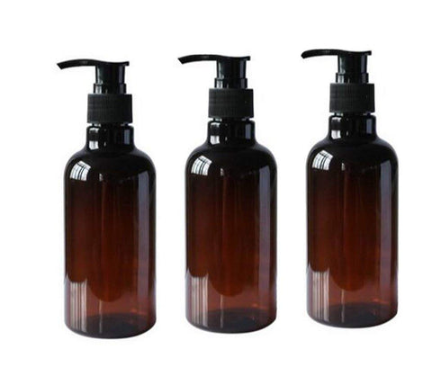 3PCS 250ML 8OZ Refillable Empty PET Plastic Pump Bottles Shampoo Shower Gel Jars Containers with Black Pump Tops for Makeup Cosmetic Bath Shower Toiletries Liquid Containers Travel Accessories (Brown)