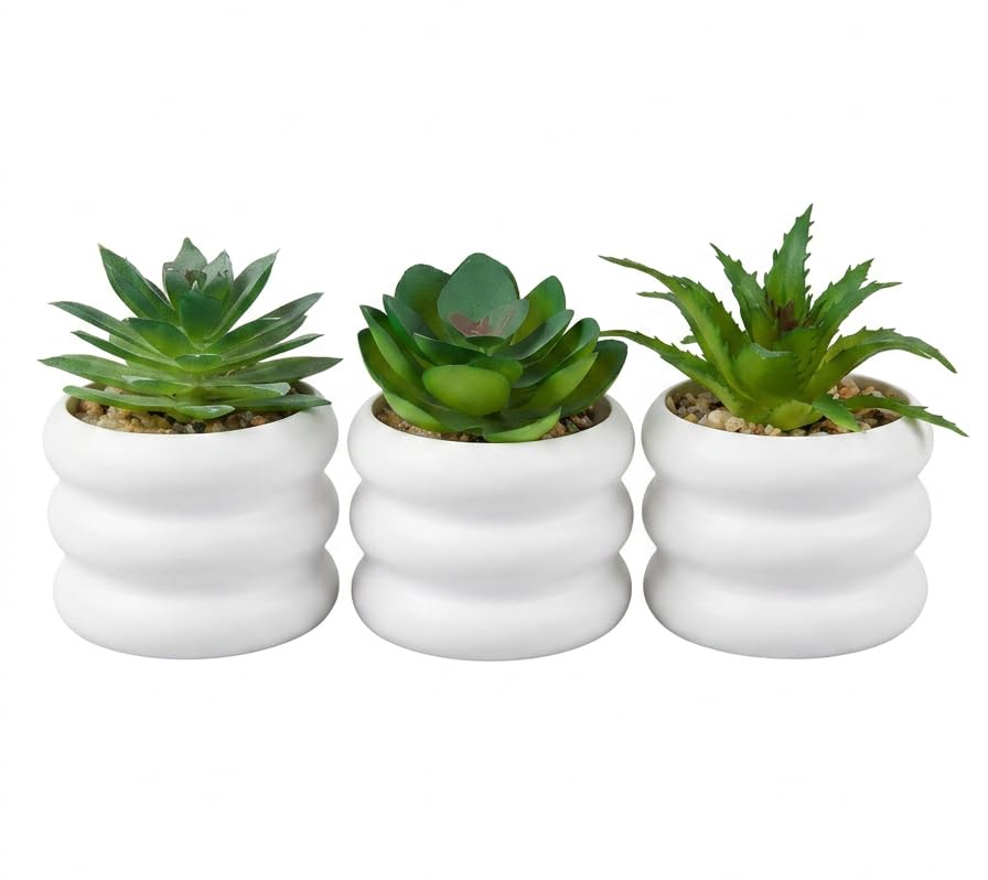 Artificial Plants Set of 3 Small Fake Plants in White Plastic Pots, Realistic Artificial Plants for Home Office Bathroom Shelf Decor, Modern Indoor Decor Natural Looking