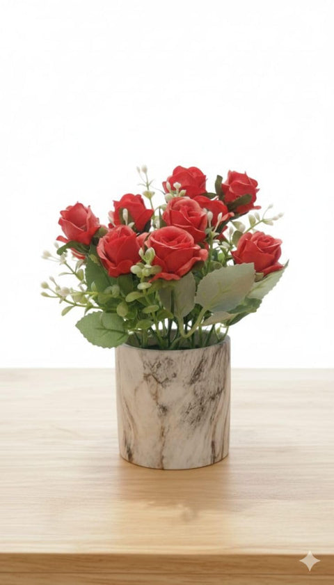 Artificial Red Rose Bouquet with Green Leaves in Marble Vase, 20x20x22 cm, Indoor Home and Office Decor