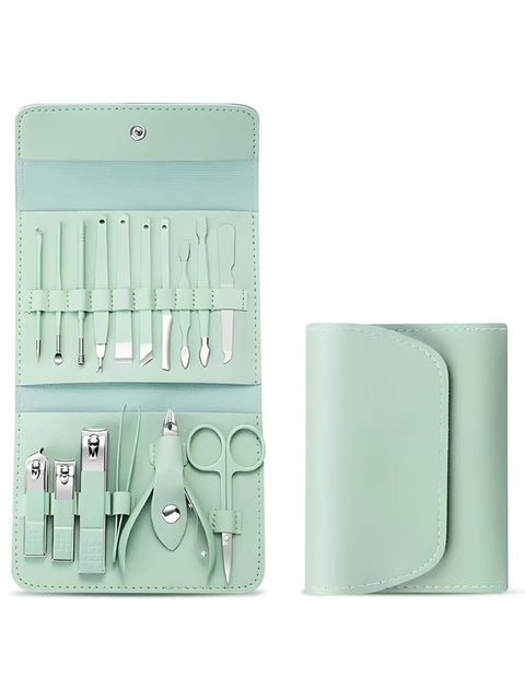 Manicure Set - Nail Clippers Set of 16 PCS, Professional Grooming Kit with Travel Leather Case, Nail Tools with Luxurious Travel Case for Men and Women (Mint Green)