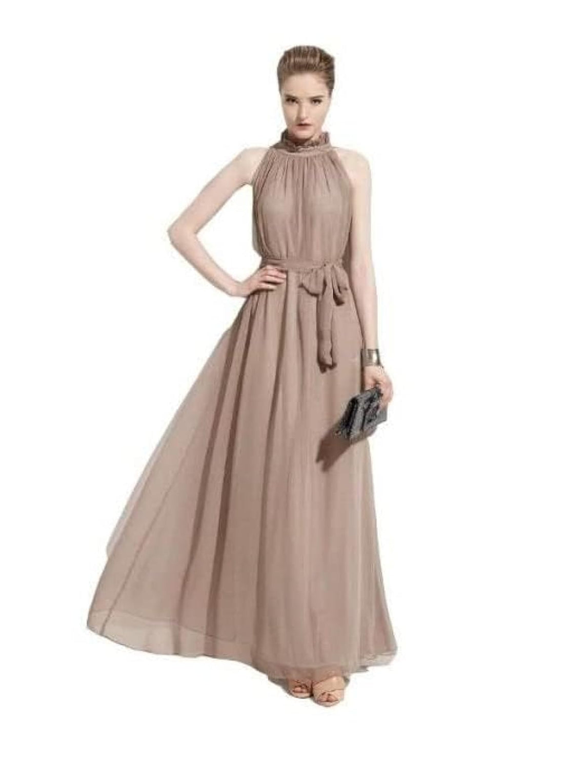 Women's Chiffon Long Sleeveless Dress Brown