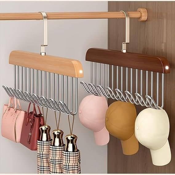 Wooden Hanger - Multipurpose Adjustable 8 Hooks Closet Wooden Hanger for Lingerie, Belt, Scarf, Tie, Garments, Perfect Storage Holder Organizer Hangers for Wardrobe and Cupboard (2)