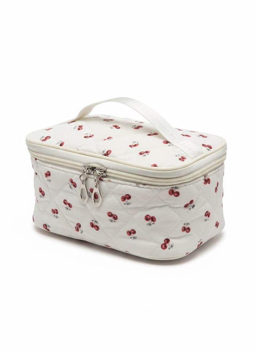 makeup organizer Cherry Pattern Travel Makeup Bag Cosmetic Organizer Cases with Zipper, White with Red Cherry Print, Large 20x12x10cm Medium 18x8.5x10cm Small 20x13cm (large)