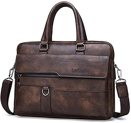 Leathario Men's Briefcase Work Bag Business Bag Leather Men's Bag for Work Laptop Bag in Business with Large Capacity, Coffee-1092, M