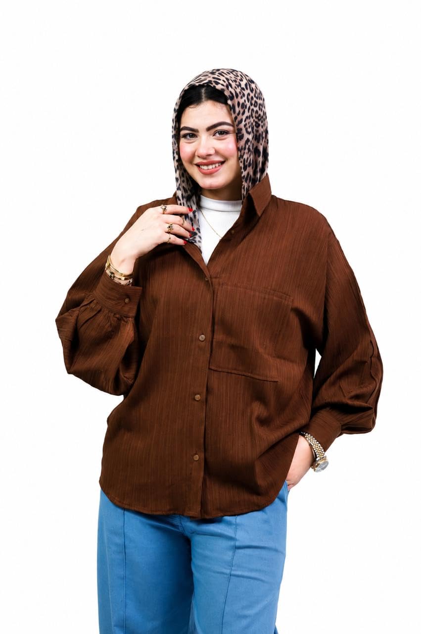 Schmeez Women's Oversize Fresca Brown Front Pocket Puff Sleeve Shirt