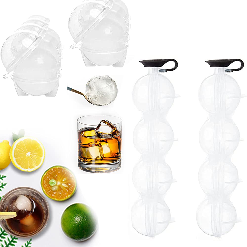 Round Ice Cube Mold 4 Hole Whiskey Ice Ball Maker Mold, Sphere Ice Cube Tray DIY Mold Ice Ball Maker for Whiskey and Cocktails, Keep Drinks Chilled ( 2Pcs, 2.2 Inch )