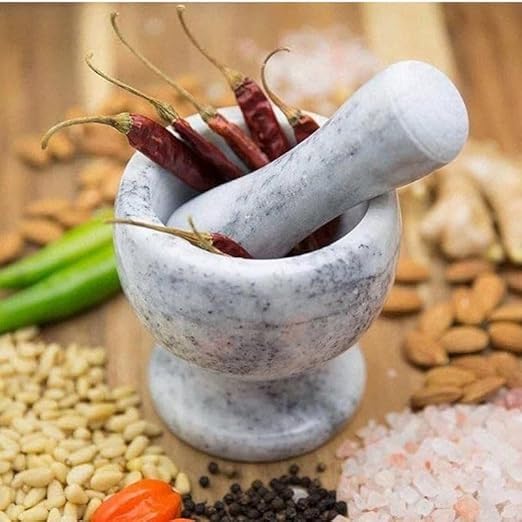 Marble Mortar and Pestle Set, White and Grey Marble, Kitchen Grinding Tool