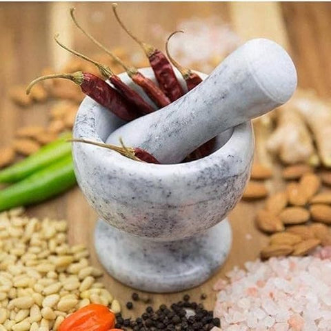Marble Mortar and Pestle Set, White and Grey Marble, Kitchen Grinding Tool