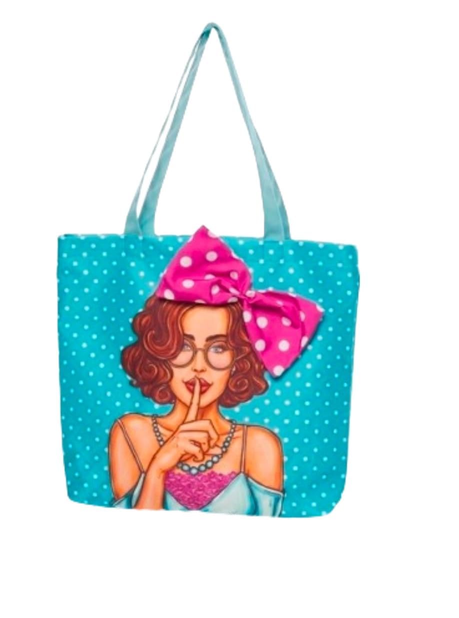 Tote Bag, Teal Polka Dot, Pop Art Girl Print with 3D Pink Bow, Casual Shoulder Bag for Women made in turkey