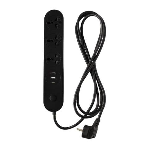 BAREEQ بريق 2.5-Meter Lighting Power Strip with 3 USB Ports: 2 USB-A, 1 USB-C with Power Delivery (20w), and a 3-Year Warranty (Black)