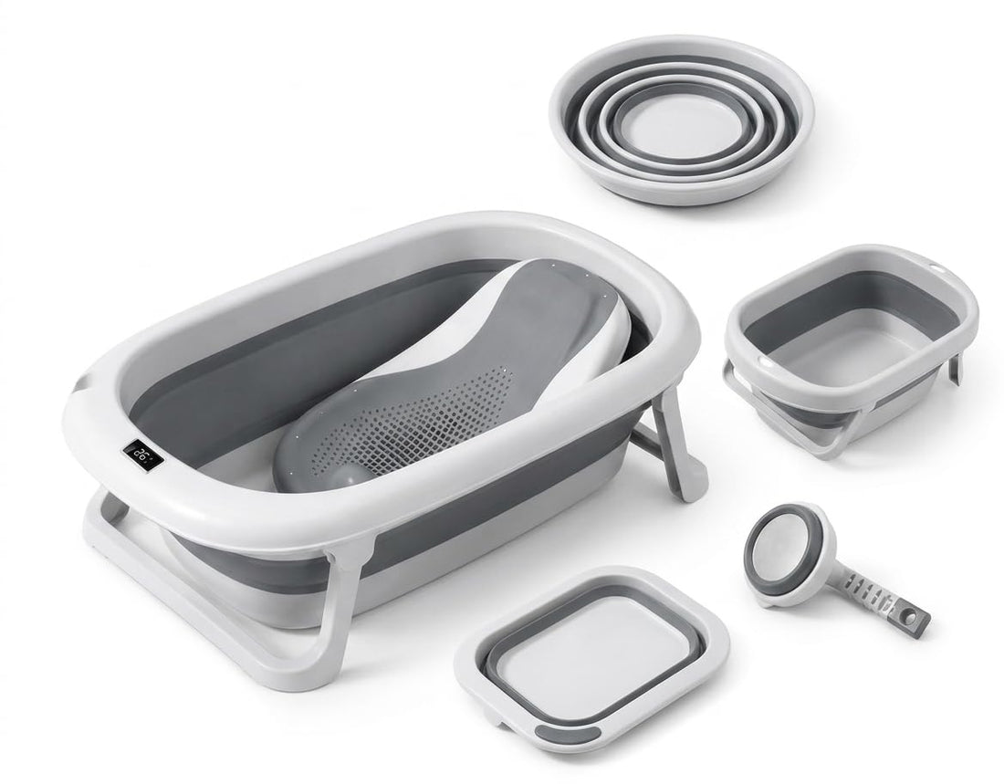 Foldable Baby Bathtub, Grey and White, Digital Thermometer, Includes Support Seat, Bowl, Basket and Accessories, 7 in 1 Set