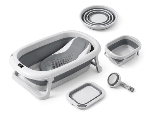 Foldable Baby Bathtub, Grey and White, Digital Thermometer, Includes Support Seat, Bowl, Basket and Accessories, 7 in 1 Set