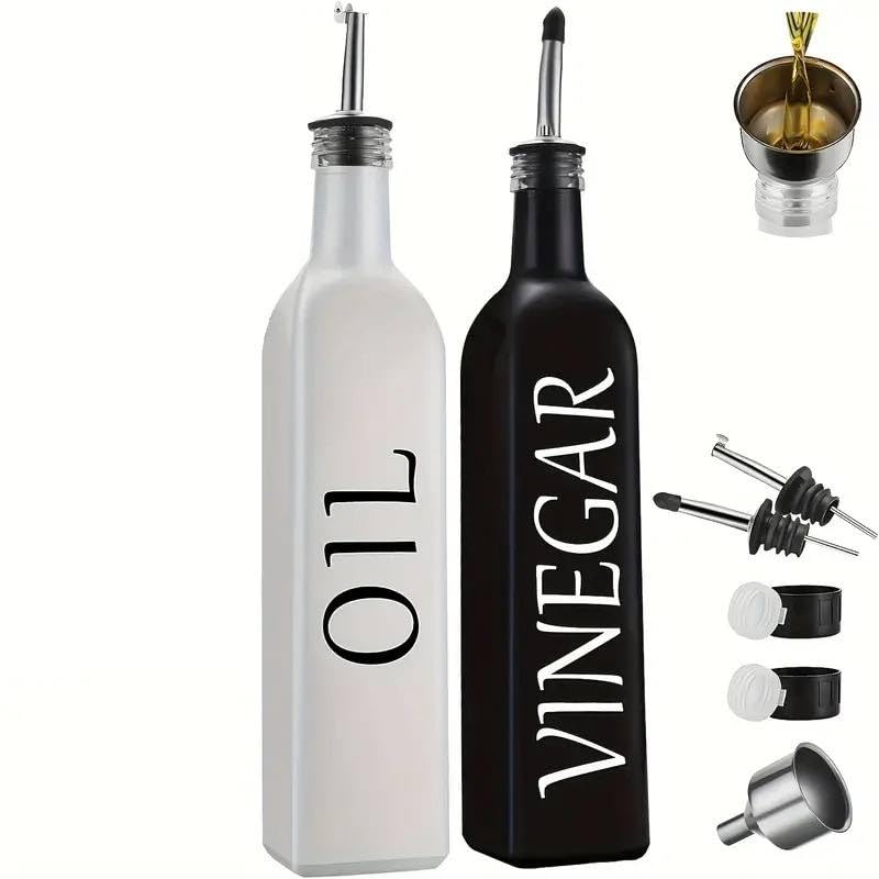 Generic Oil and Vinegar Dispenser Set, 2-Piece Glass Bottles with Pourers, Black and White .ash