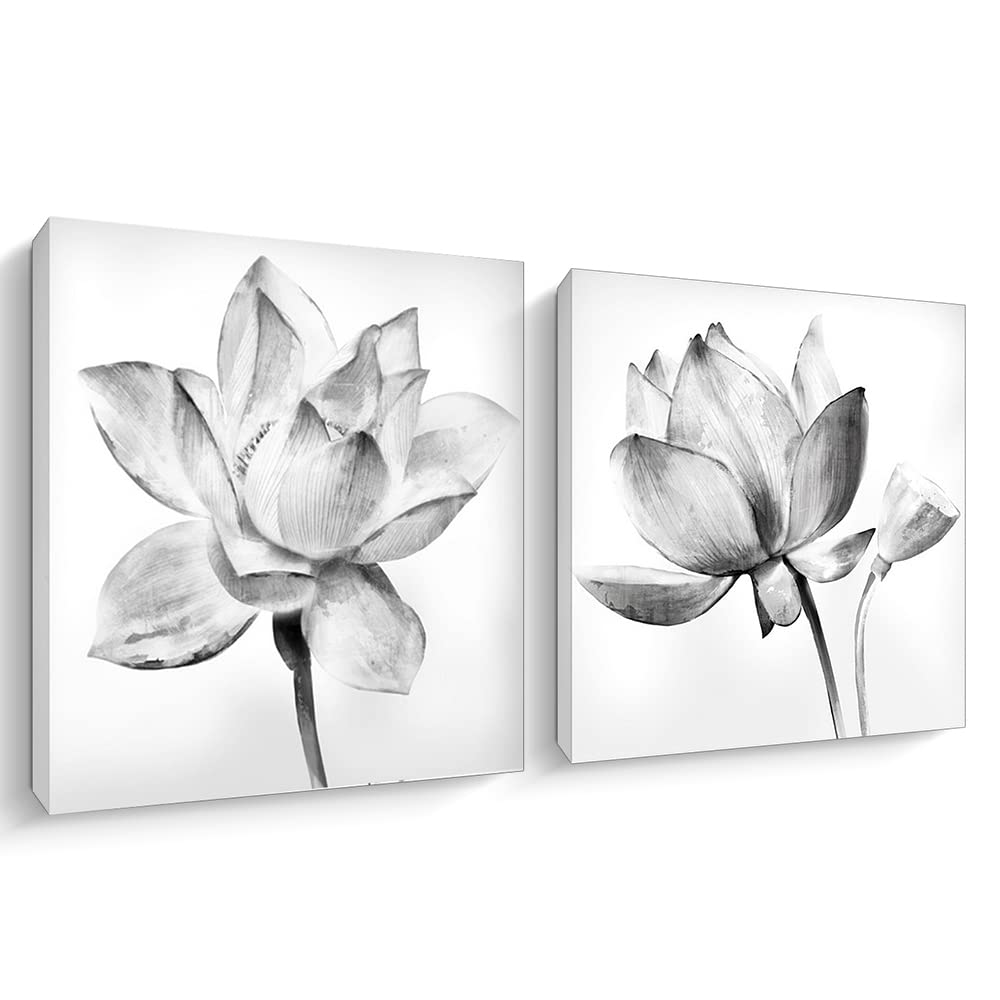 CREOATE Black and White Wall Art, Set of 2 Lotus Flower Floral Painting Canvas Print Artwork Minimalism Relax Home Decor for Bedroom Yoga Room