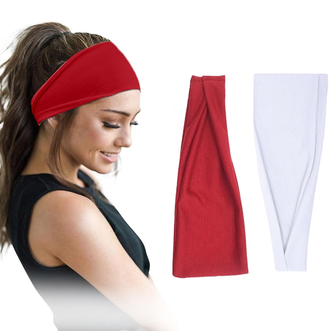 Cotton Headbands for Women and Men, 95% Egyptian Cotton, Pack of 2, Non-Slip, Wide Style (White&Chili, One Size)