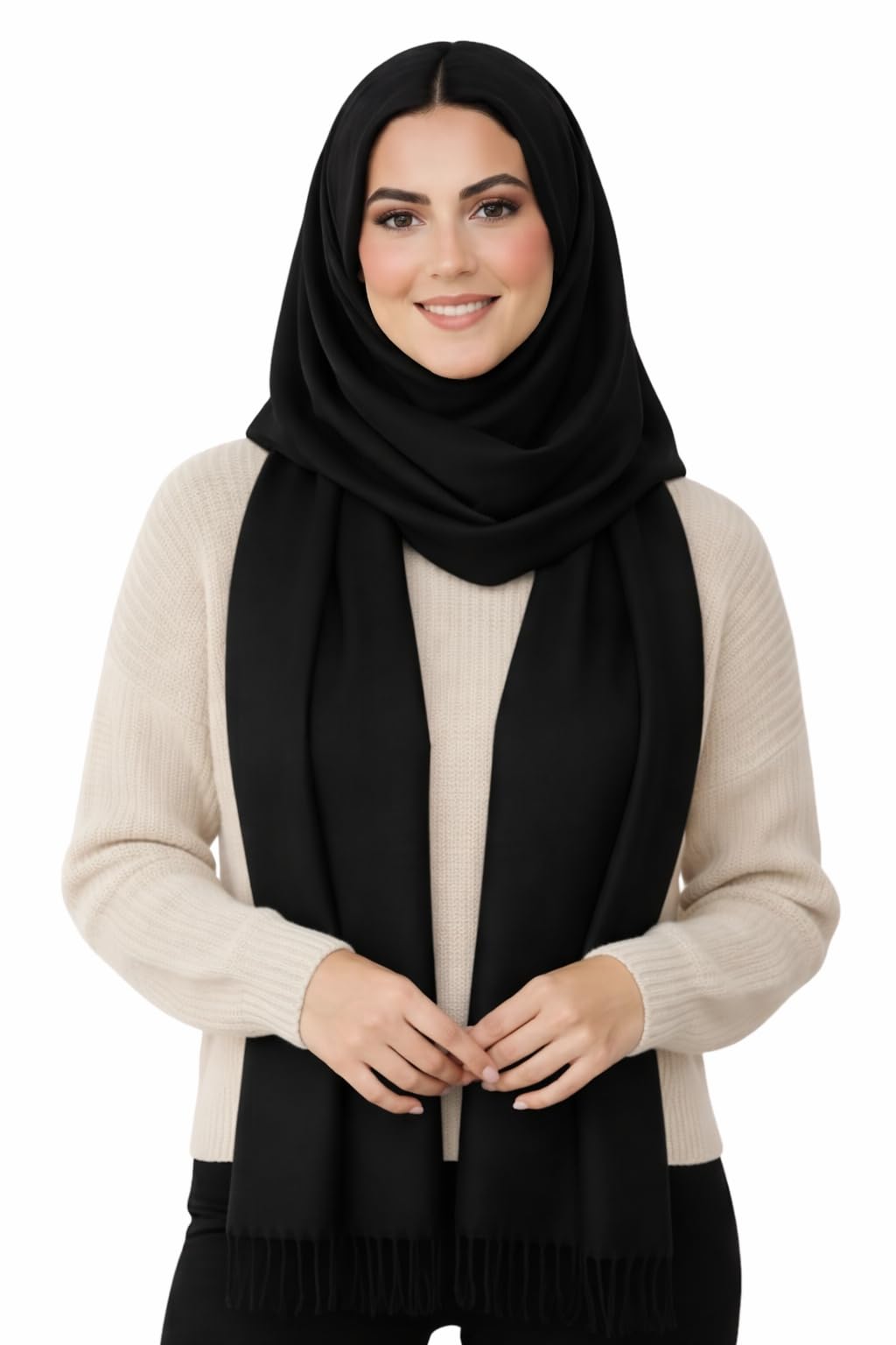 "Plain Cashmere Shawl Scarf with Fringes – Soft & Lightweight, Versatile Neck & Shoulder Wrap, Elegant Winter & All-Season Accessory, Perfect Gift, 165cm"