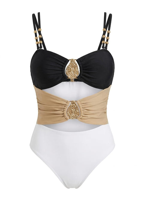 Swim Elegant Multi-Color Spaghetti Strap Gold Pearl Accent Patchwork One-Piece Swimsuit For Women High Waist Swimsuit Set Bikini Set High Waist Seashell - Women swimsuits Multicolour - size