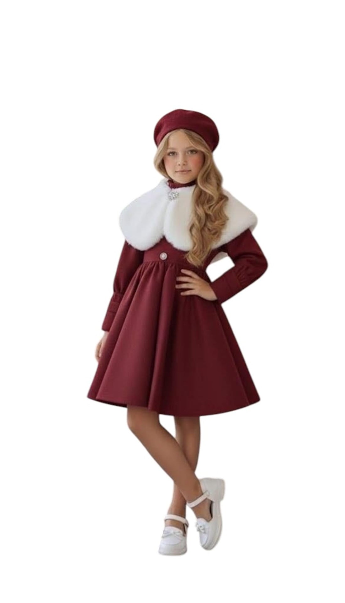 MEZA Girls Winter Suede Dress 3 Piece With Pleero And White Fur, For Eid And Occasion
